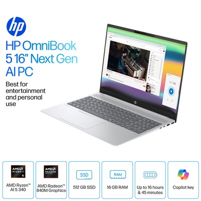 HP OmniBook 5 16 2K Laptop, Copilot+ PC, AMD Ryzen AI 5 340, 16GB RAM, 512GB SSD, +16.75 hours batt