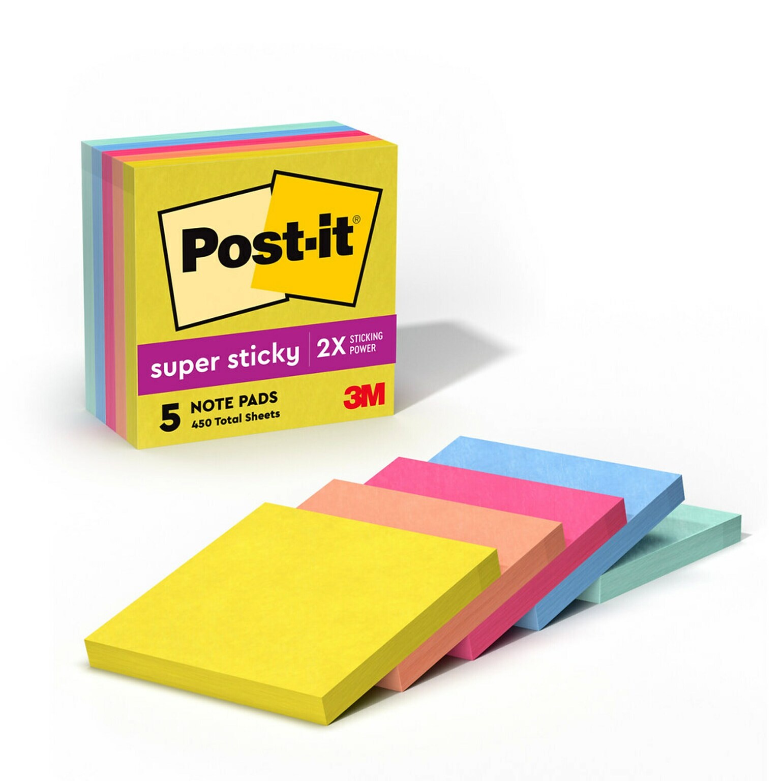 Post-it Super Sticky Notes, 3 x 3, Summer Joy Collection, 90 Sheets/Pad, 5 Pads/Pack (654-5SSJOY)