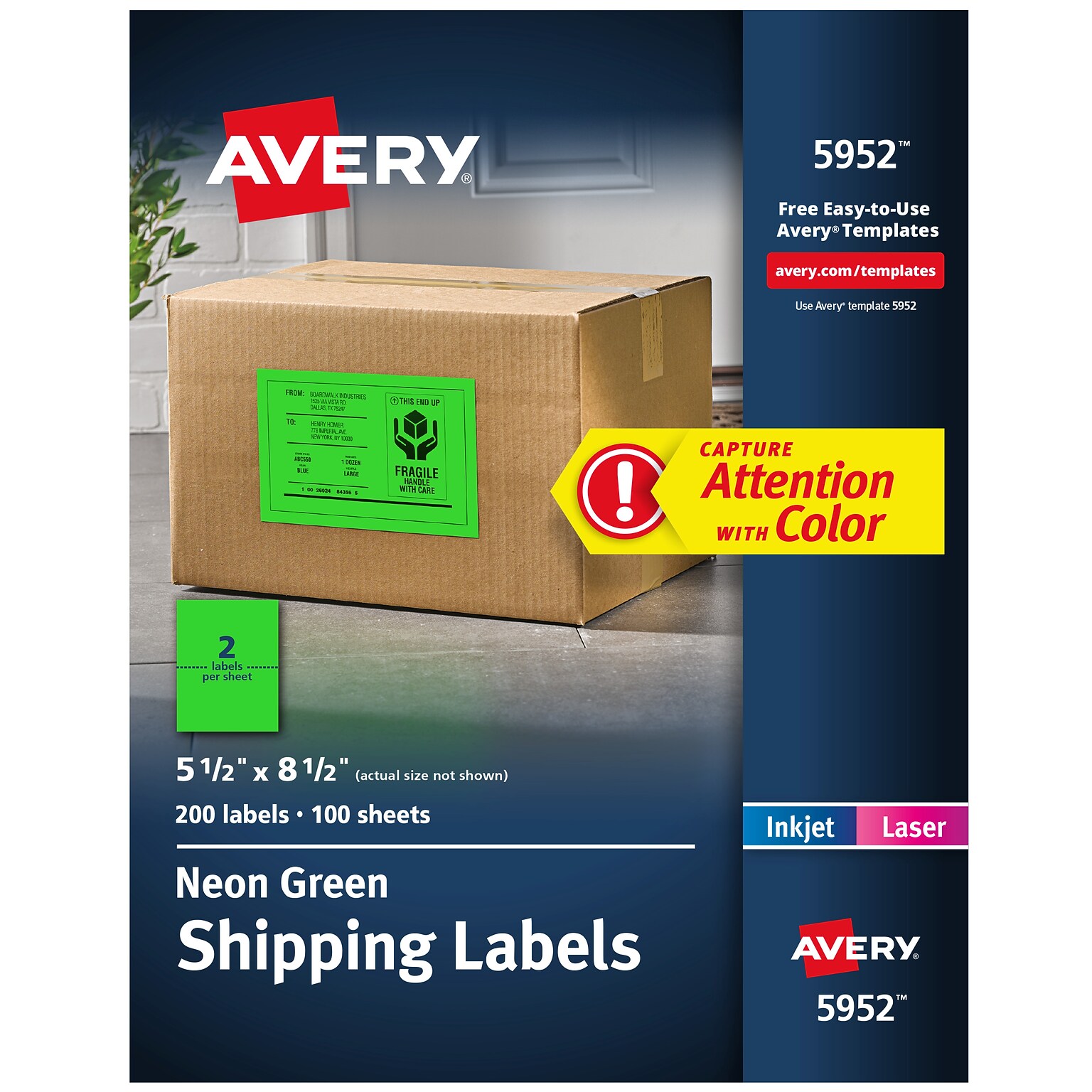 Avery Laser Shipping Labels, 5-1/2 x 8-1/2, Neon Green, 200 Labels/Box (5952)