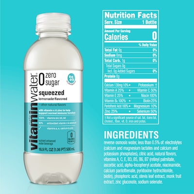 Vitaminwater Zero Sugar Squeezed Lemonade Enhanced Water, 16.9 oz., 24/Carton (00786162003508)