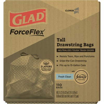 CloroxPro Glad 13 Gallon Drawstring Kitchen Trash Bag, Fresh Clean Scent, Gray, 110 Total Bags (22656)