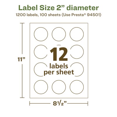 Avery Laser/Inkjet Round Multipurpose Labels, 2" Dia., White, 1200 Labels/Box  (94501)