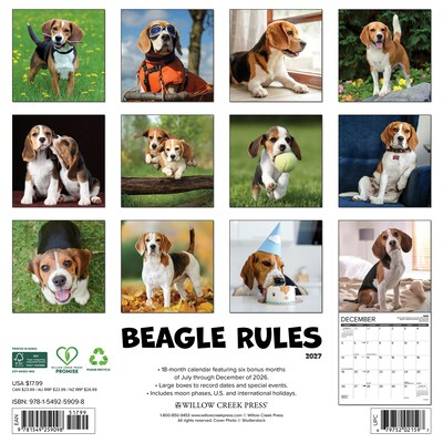 2027 Willow Creek Beagle Rules 12 x 12 Monthly Wall Calendar, Assorted Colors (59098)