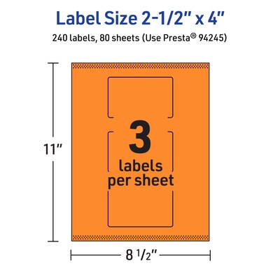 Avery Laser/Inkjet Multipurpose Rectangle Labels, 2.5" x 4", Bright Orange, 240/Box (94245)