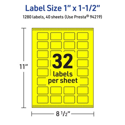 Avery Laser/Inkjet Rectangle Multipurpose Labels, 1" x 1.5", Neon Yellow, 1280/Pack (94219)