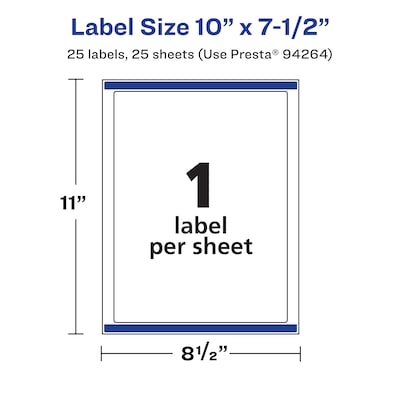 Avery Laser/Inkjet Rectangle Waterproof Multipurpose Labels, 7.5"  x 10", White, 25/Pack (94264)