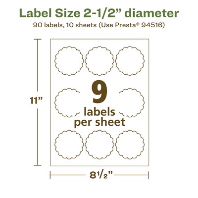 Avery EcoFriendly Laser/Inkjet Decorative Edge Multipurpose Labels, 2-1/2" Dia., White, 90/Pack (94516)