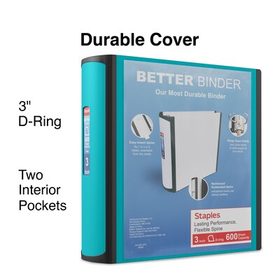 Staples® Better 3" 3 Ring View Binder with D-Rings, Teal (15129-US)