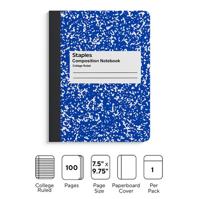 Staples® Composition Notebook, 7.5" x 9.75", College Ruled, 100 Sheets, Blue (ST55067)