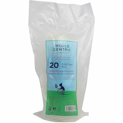 World Centric Compostable PLA Cold Cups, 16 oz., Clear, 20 Cups/Pack (WORCPRTCS16)