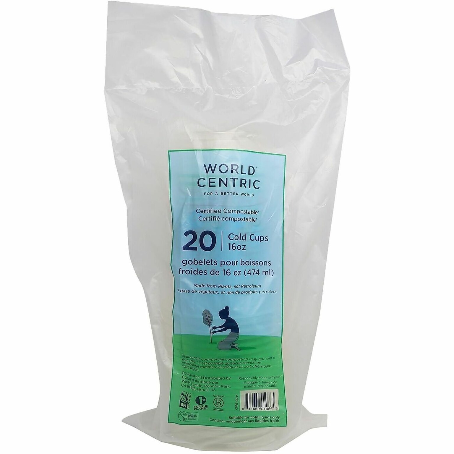 World Centric Compostable PLA Cold Cups, 16 oz., Clear, 20 Cups/Pack (WORCPRTCS16)
