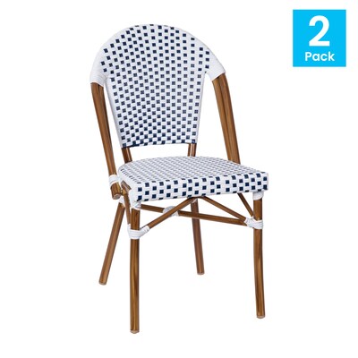 Flash Furniture Lourdes Contemporary Aluminum and PE Rattan Bistro Stack Chairs, White/Navy/Natural, Set of 2 (2SDA6421FWHNVNT)