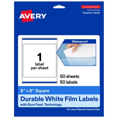 Avery Laser/Inkjet Square Waterproof Multipurpose Labels, 8 x 8, White, 50/Box (94108)