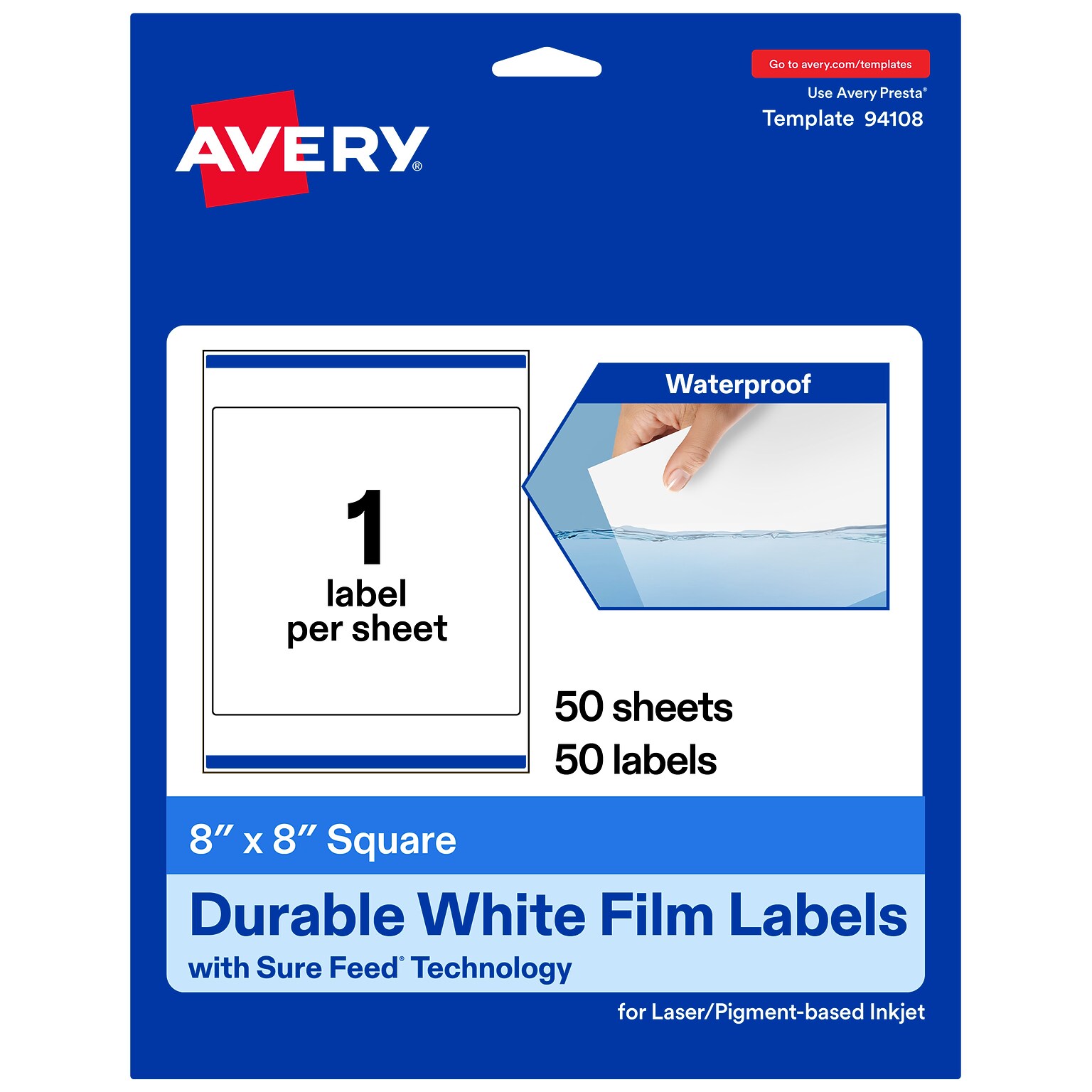 Avery Laser/Inkjet Square Waterproof Multipurpose Labels, 8 x 8, White, 50/Box (94108)