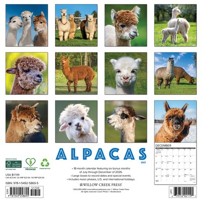 2027 Willow Creek Alpacas 12 x 12 Monthly Wall Calendar, Assorted Colors (58695)