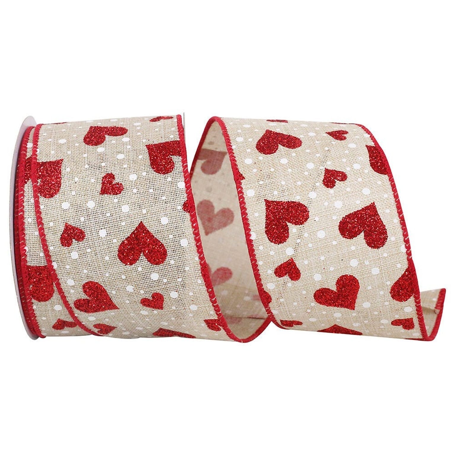 JAM Paper Hearts Glitter Ribbon, Natural/Red (52640340703)