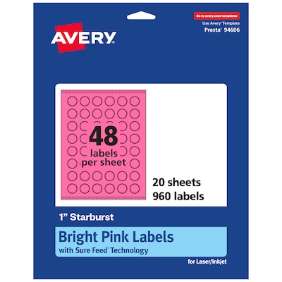 Avery Starburst Laser/Inkjet Multipurpose Labels, 1, Bright Pink (960/Pack)
