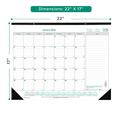 2026 Brownline EcoLogix 22 x 17 Monthly Desk or Wall Calendar, White/Green (C177437)