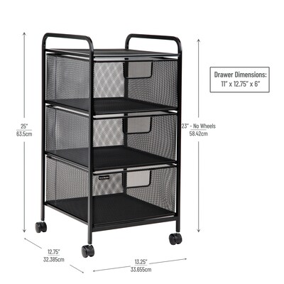 Mind Reader 3 Shelf Steel Mobile Desk and Bathroom Storage Cart with Wheels, Black (3VERTM-BLK)