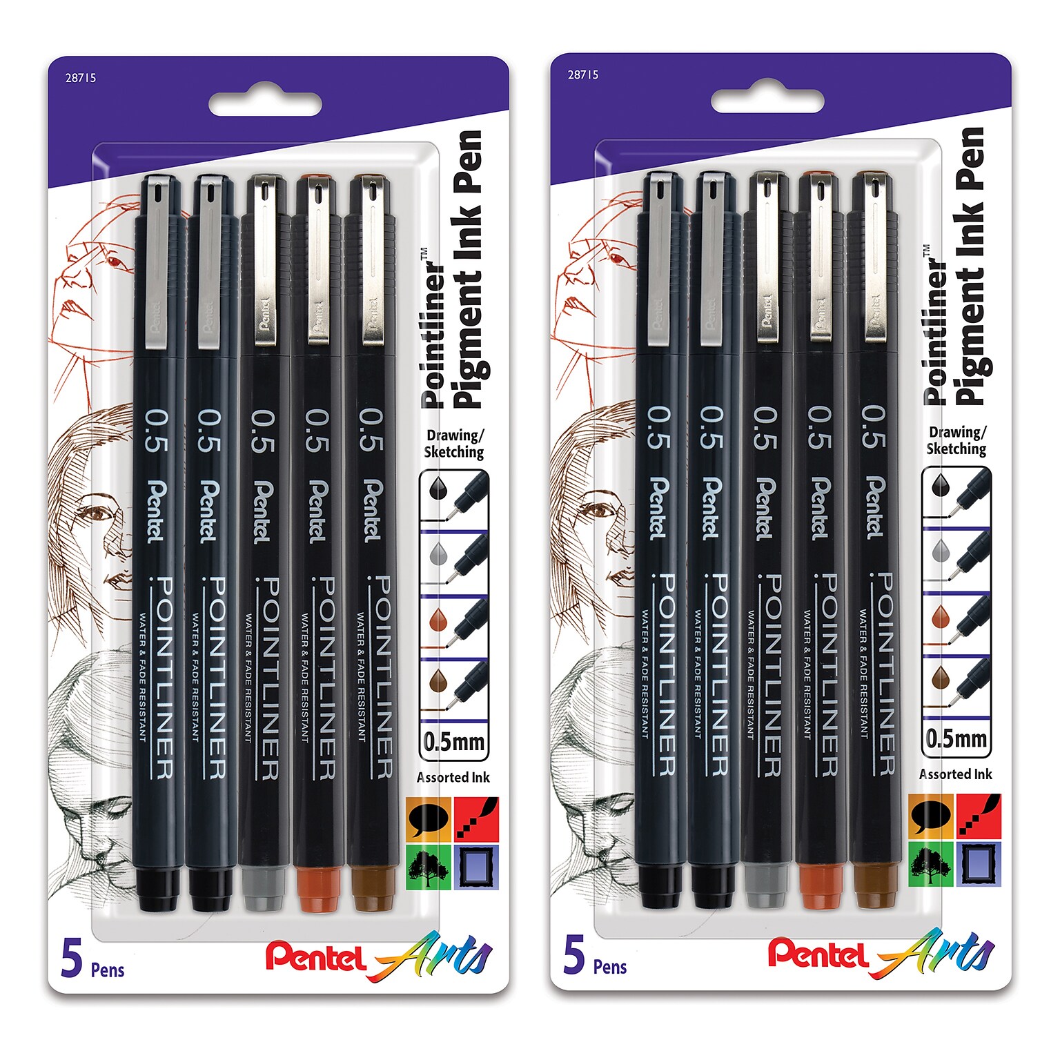Pentel Arts Pointliner Pen, Assorted Ink Colors, 2/Pack (PTAS20PBP5M-2)