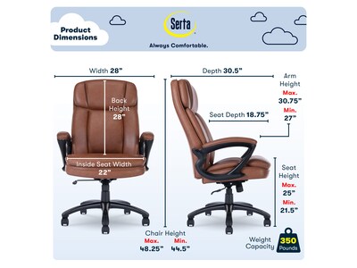 Serta Fairbanks Ergonomic Bonded Leather Executive Big & Tall Chair, 350 lb. Capacity, Brown (43675C)