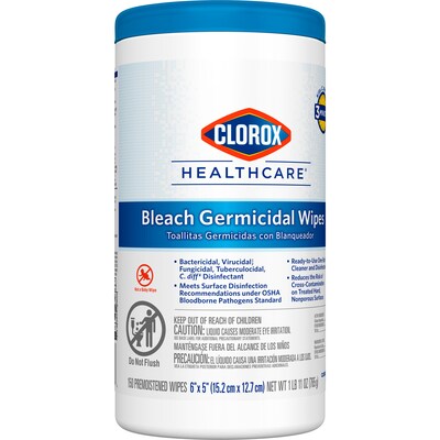 Clorox Healthcare Bleach Germicidal Wipes, 150 Wipes/Container, 6/Carton (30577)