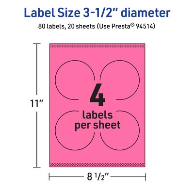 Avery Laser/Inkjet Round Multipurpose Labels, 3.5" Dia., Bright Pink, 80/Pack (94514)