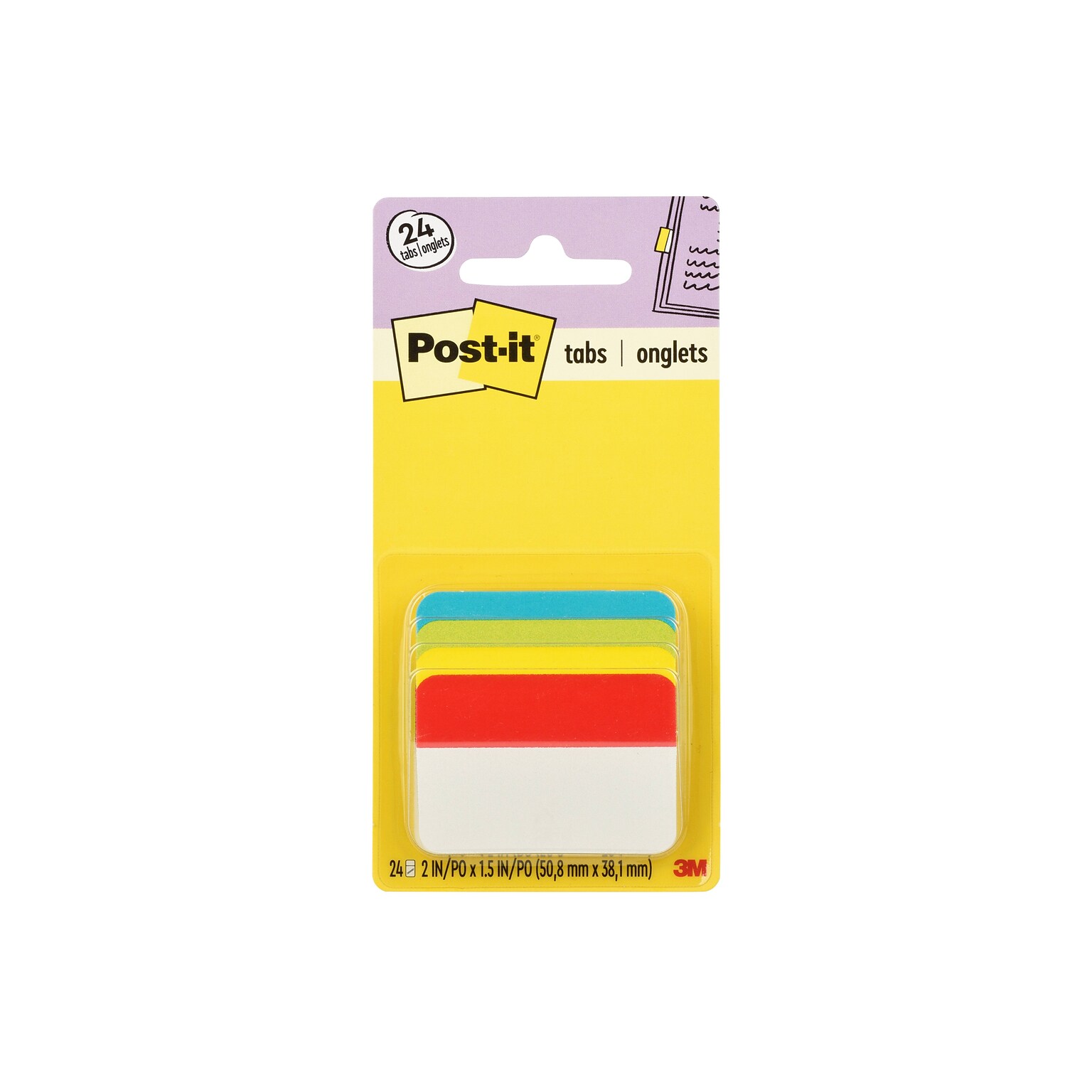 Post-it® Tabs, 2 Wide, Angled, Solid, Assorted Colors, 24 Tabs/Pack (686A-ALYR)