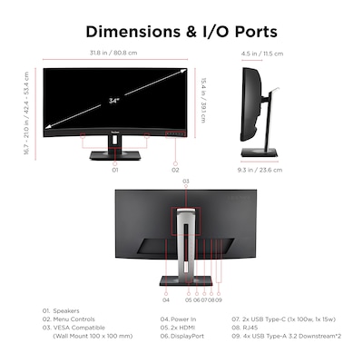 ViewSonic 34" Curved 4K UWQHD 100Hz LCD Monitor, Height Adjustable, Docking Station, Black (VG3456CA)