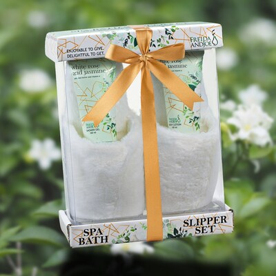 Freida and Joe Bath & Body Spa Gift Set in White Rose Jasmine Fragrance with Luxury Slippers (FJ-145)