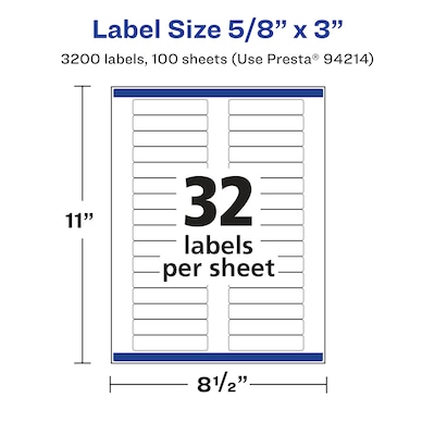 Avery Laser/Inkjet Rectangle Waterproof Multipurpose Labels, 3" x 0.625", White, 3200/Box (94214)