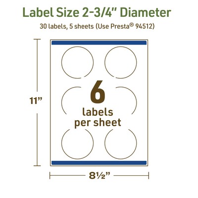 Avery Dissolvable Circle Multipurpose Labels, 2.75" Dia., Off-white, 30/Pack (94512)