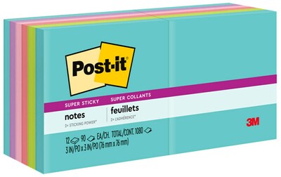 Post-it® Super Sticky Notes, 3 x 3, Supernova Neons, 90 Sheets/Pad, 12 Pads/Pack (654-12SSMIA)