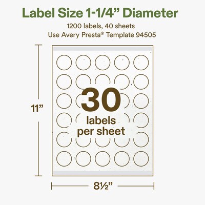 Avery Hemp Round Laser/Inkjet Multipurpose Labels, 1-1/4" Dia, Off-White (1200/Box)