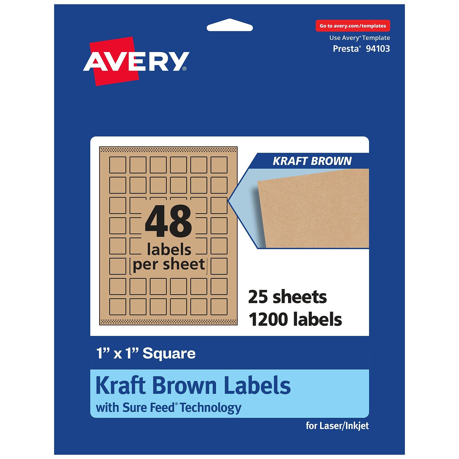 Avery Square Labels, 1 x 1, Kraft Brown, 1,200 Labels/Pack (94103)