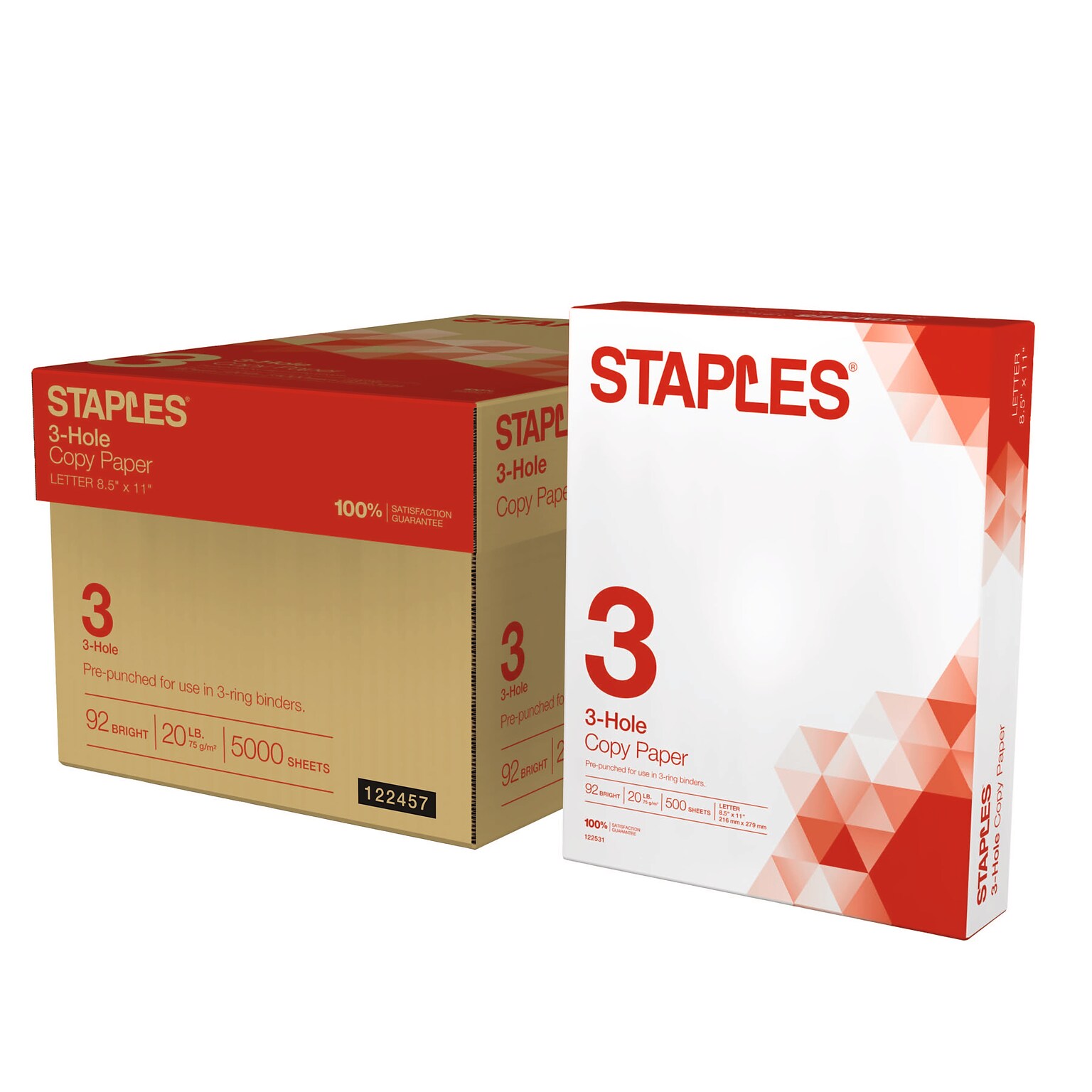 Staples 3-Hole Punch Copy Paper, 8.5 x 11, 20 lbs., 500 Sheets/Ream, 10 Reams/Carton (221192)