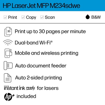 HP LaserJet MFP M234sdwe Wireless All-in-One Printer, Scan, Copy, Fast, 6 mos Free Toner with HP+, Best for Small Teams (6GX01E)