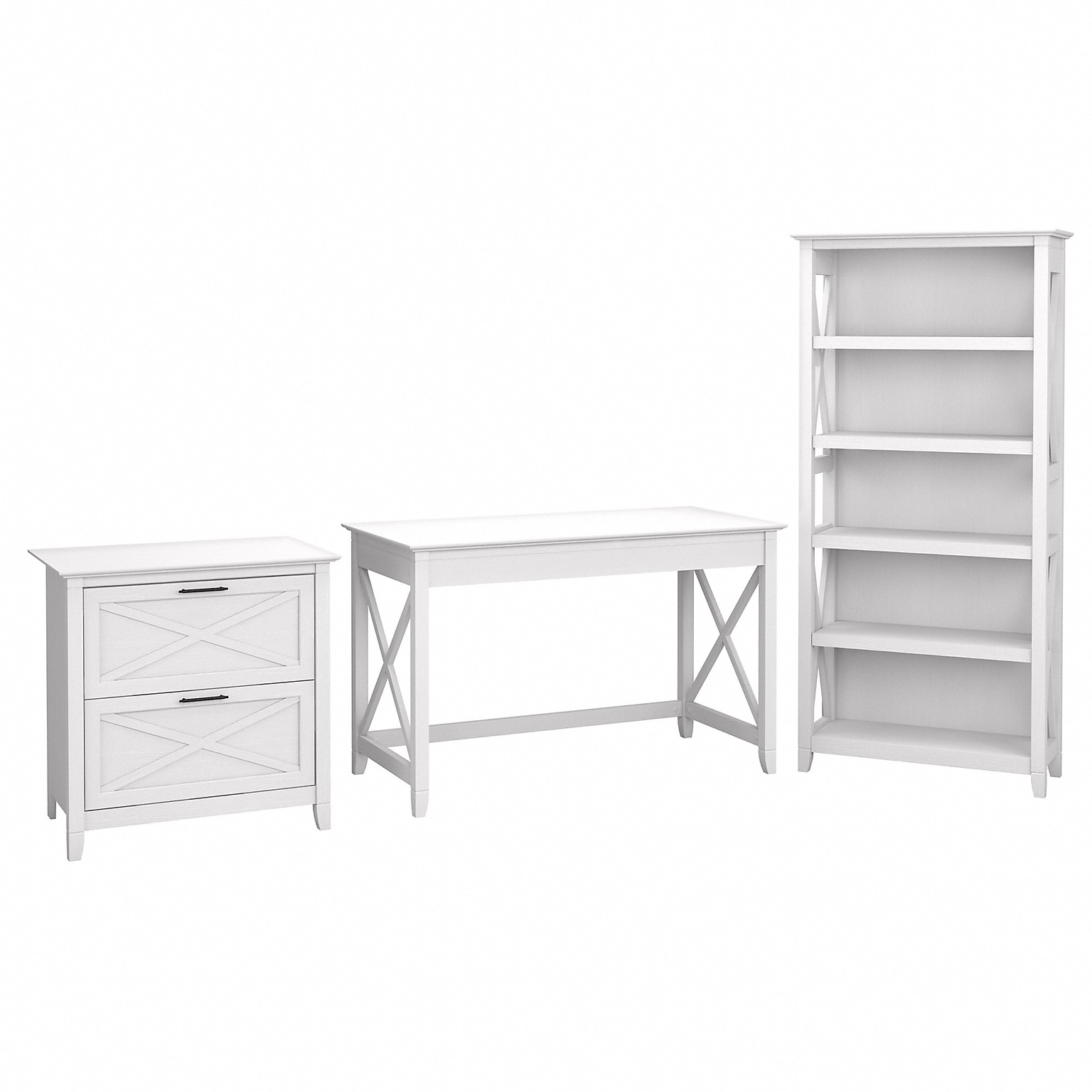 Bush Furniture Key West 48 Writing Desk with 2-Drawer Lateral File Cabinet and 5-Shelf Bookcase, Pure White Oak (KWS004WT)