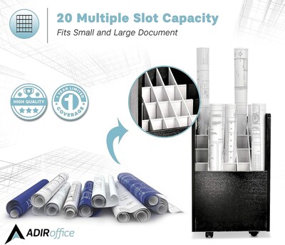 AdirOffice 20-Slot Mobile Roll File, Lockable, 24.75" H x 15.25" W x 13.25" D, Black (624-BLK-KIT1)