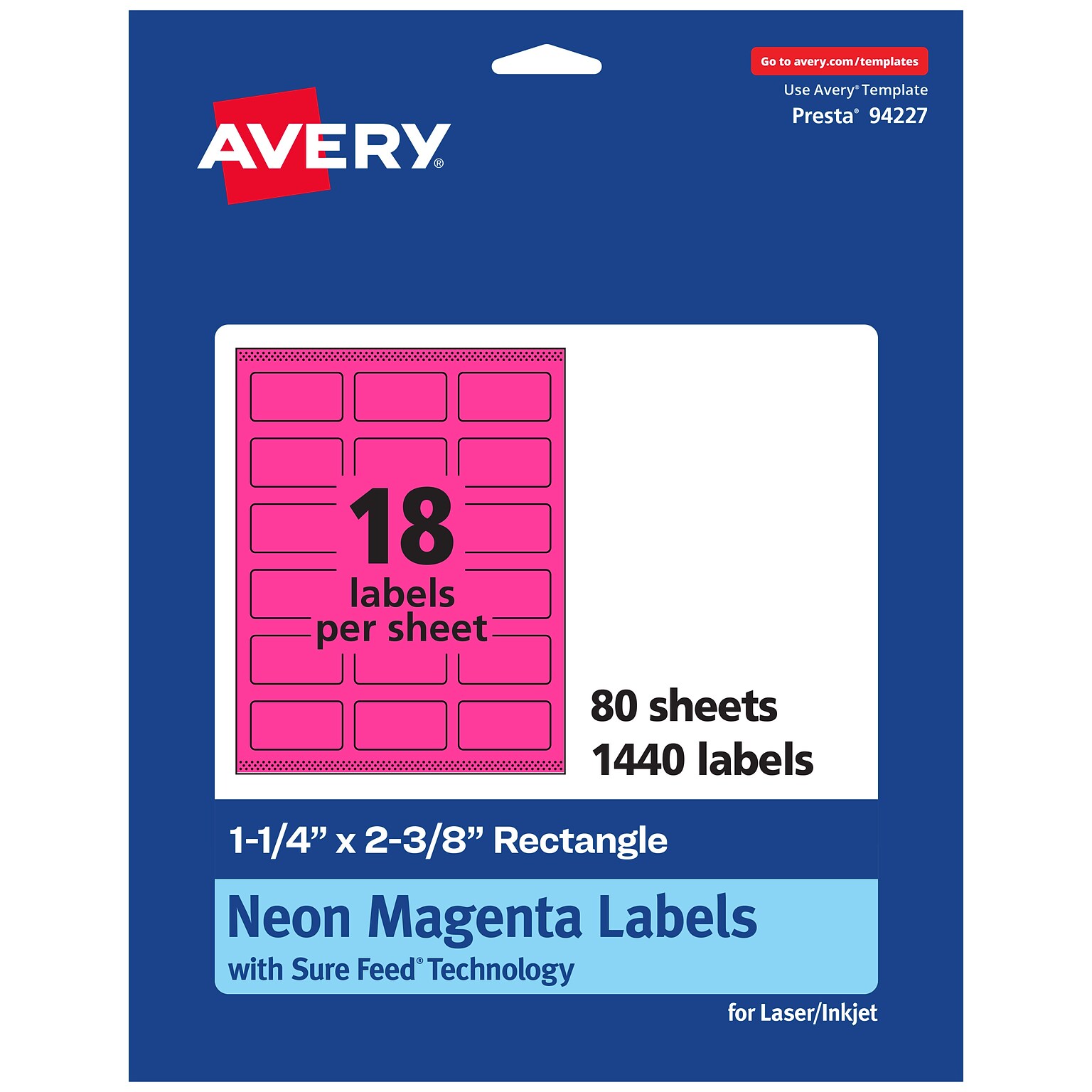 Avery Laser/Inkjet Rectangle Multipurpose Labels, 1-1/4 x 2-3/8, Neon Magenta, 1440/Box (94227)