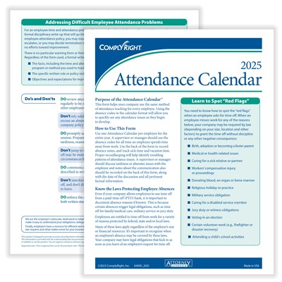 ComplyRight 2025 Attendance Calendar Card, 50 Forms/Pack (A4000W50)