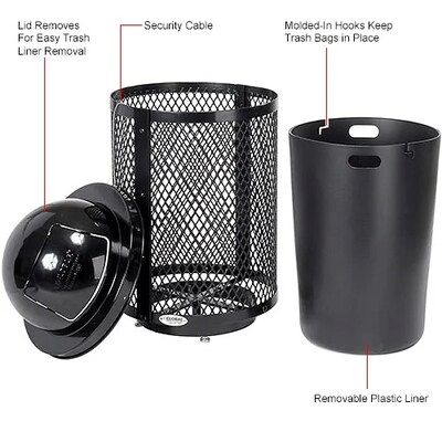 Global Industrial Outdoor Diamond Steel Trash Can w/ Dome Lid & Base, 36 Gallon, Black (261948BKD)