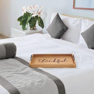 Elegant Designs "Thankful" Decorative Wood Serving Tray w/ Handles, 15.50" x 12", Natural Wood (HG2000-NTF)