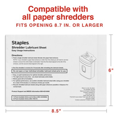 Staples Shredder Lubricant Sheets, 8.5" x 6", 24/Pack (36395)