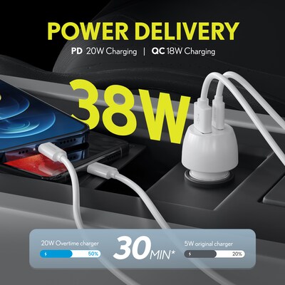 Overtime USB-A/USB-C Car Charger, 38W, White (OTC2USB2ASL)