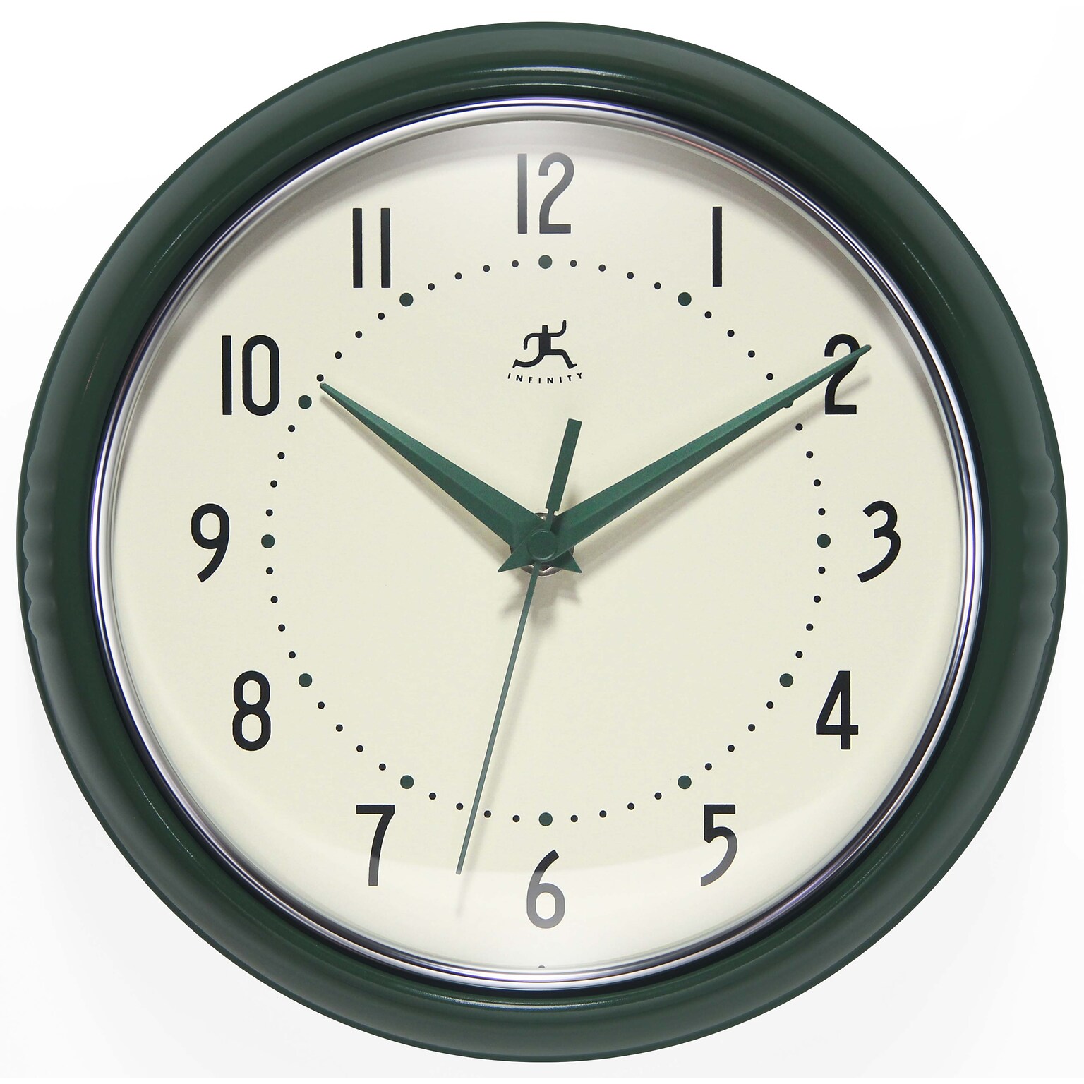 Infinity Instruments Round Retro Hunter Green Wall Clock, Aluminum, 9.5 (10940HG)