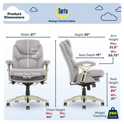 Serta Claremont Ergonomic Fabric Swivel Executive Chair with Back in Motion Technology, Light Gray (44186D)