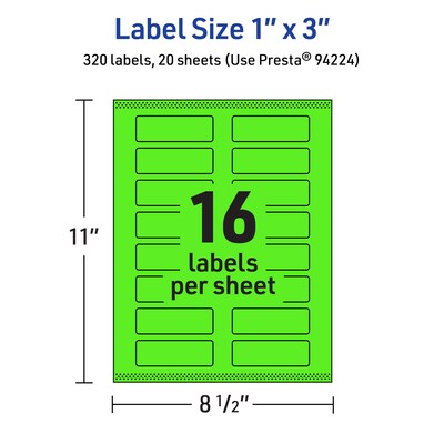 Avery Laser/Inkjet Multipurpose Rectangle Labels, 1" x 3", Neon Green, 320/Pack (94224)