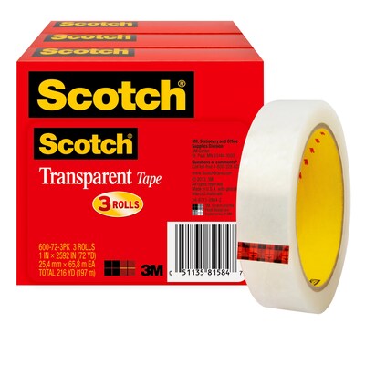Scotch Transparent Tape Refill, 1" x 72 yds., 3 Rolls (600-72-3PK)