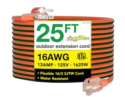 GoGreen Power 25 Indoor/Outdoor Extension Cord, 16 AWG, Orange (GG-13725)